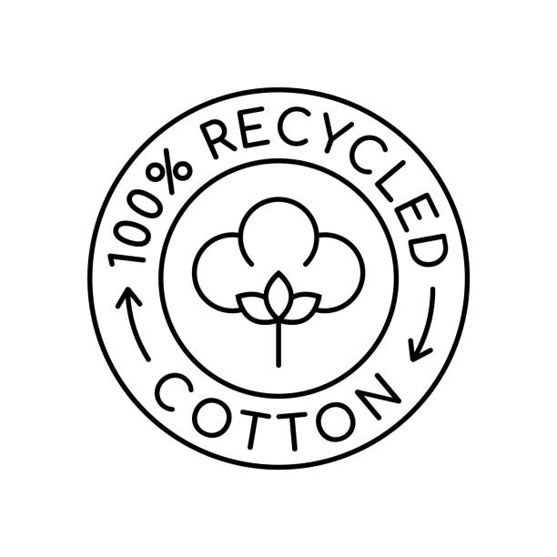 100% recycled cotton logo. Fabric made from reusable materials. Renewable material label or stamp. Recycling cotton circle badge. Sustainable textile industry sign. Vector illustration, flat, clip art recycled material stock illustrations