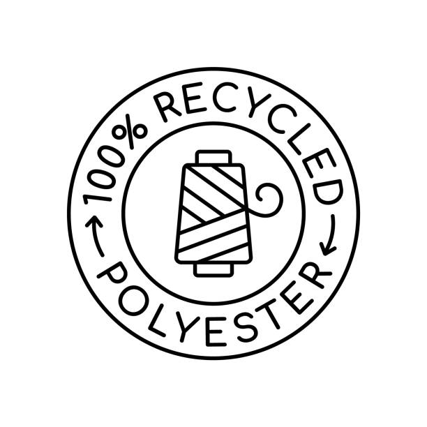 100% recycled polyester logo. Fabric made from reusable materials. Recycled material label or stamp. Recycling polyester circle badge. Sustainable product industry. Vector illustration, flat, clip art recycled material stock illustrations