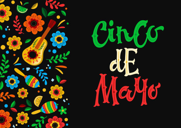 Colorful poster for Cinco de Mayo holiday Vector illustration of postcard with text Cinco de Mayo and Mexican symbols for holiday celebration on black background cinco de mayo stock illustrations