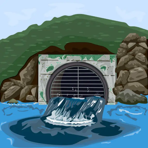 Vector illustration of Pipe with wastewater. Industrial pipe discharge dirty water into pond, lake or river.