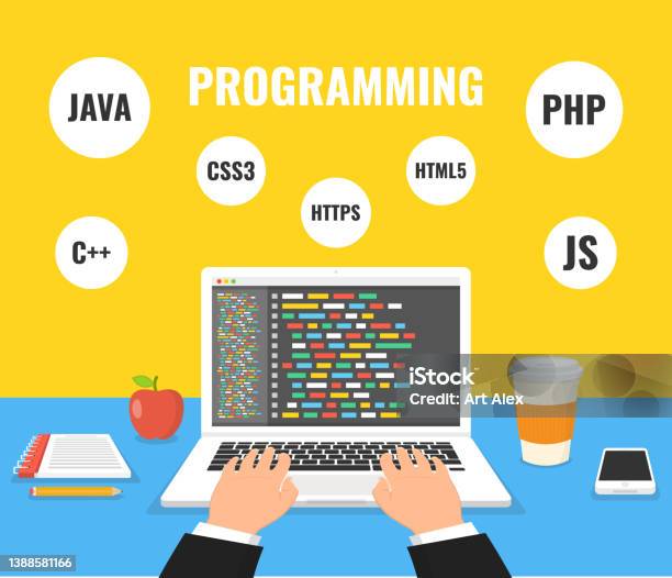 Programming Web Development Concept Code On The Screen Laptop Vector ...