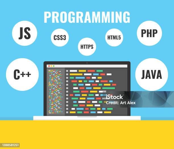 Programming Web Development Concept Code On The Screen Laptop Vector ...
