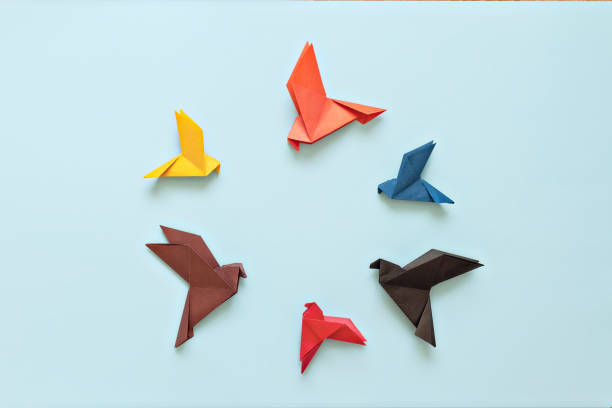 six pigeons en origami en papier de différentes couleurs sur fond bleu clair - origami photos et images de collection