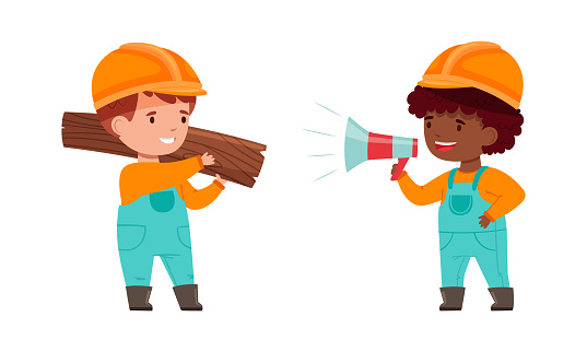 Kids builders set. Cute boys wearing uniform and hardhats with plank and loudspeaker cartoon vector illustration