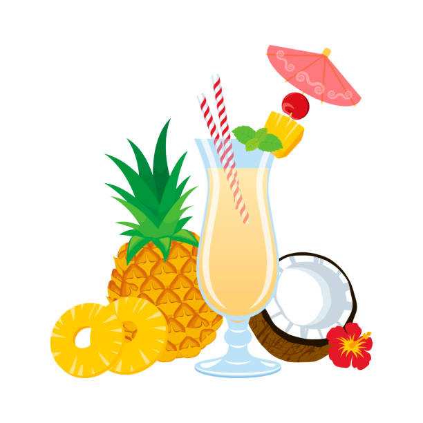 파인애플과 코코넛 과일 벡터를 곁들인 열대 음��료 - coconut drink cocktail umbrella stock illustrations