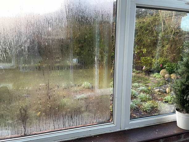 Image of white UPVC conservatory double-glazed window pane fogged by condensation with views of landscaped garden, focus on foreground stock photo