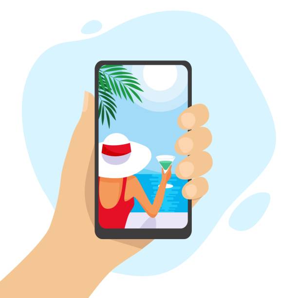 istock Human hand holding smartphone with tropical picture. Girl dreaming about vacations on the seaside. Vector illustration 1388584399
