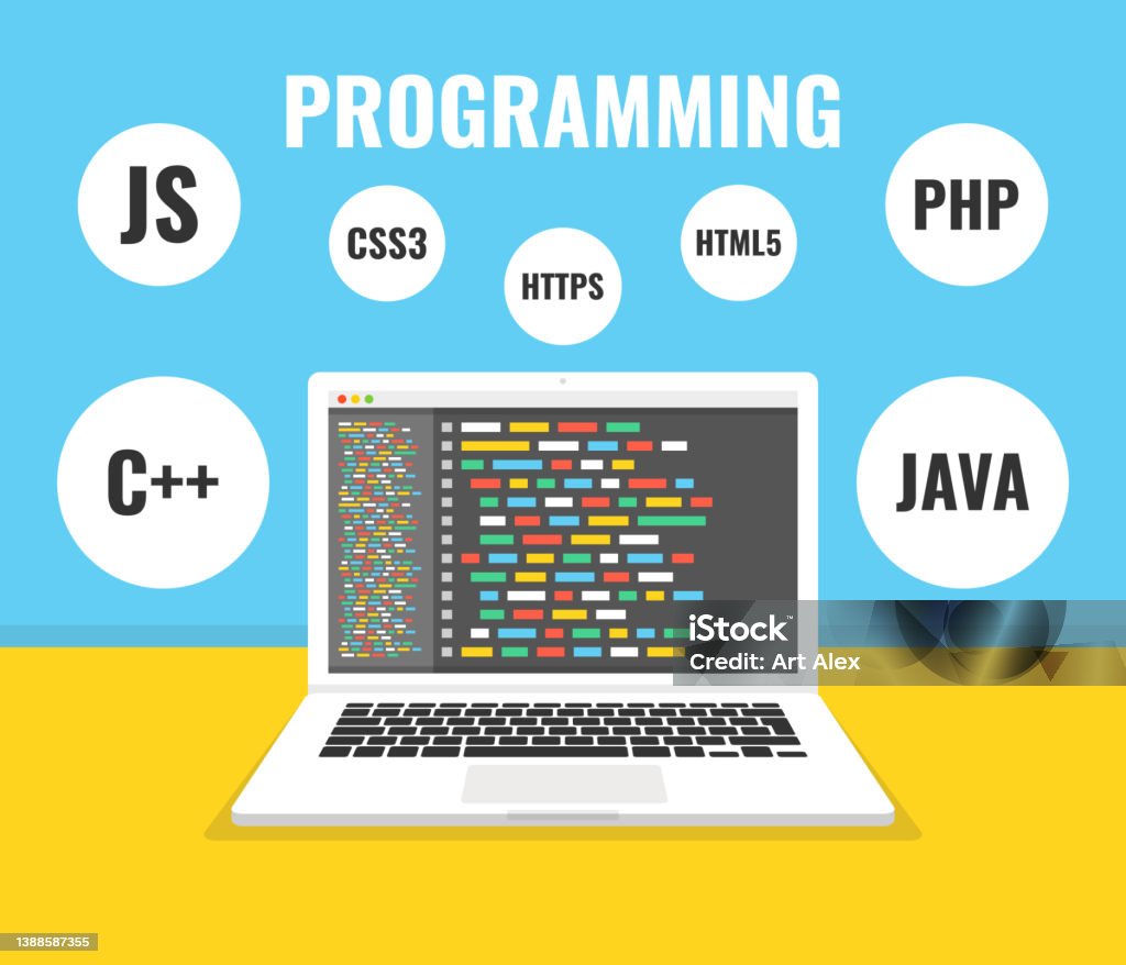Programming Web Development Concept Code On The Screen Laptop Vector ...