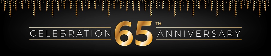 65th anniversary. Sixty-five years birthday celebration horizontal banner with bright golden color.