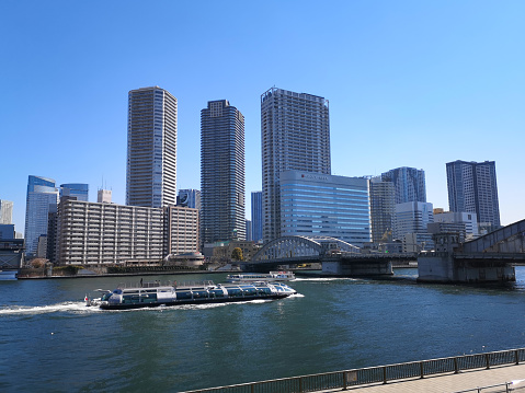 April 3, 2019 - Tokyo, Japan: Tourist boat at sumida river in front of Kachidoki Bridge