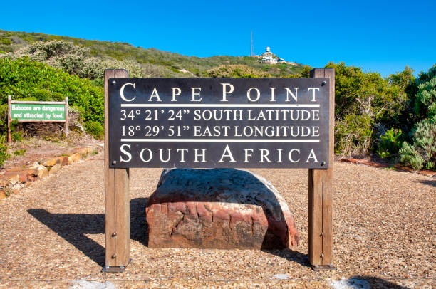 Cape Point Signboard showing the coordinates of Cape Point, South Africa cape peninsula stock pictures, royalty-free photos & images