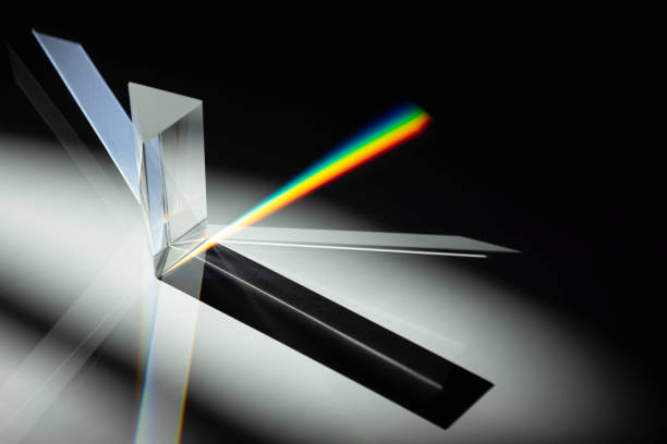 istock Triangular Prism dispersing sun beam splitting into a spectrum on white background 1388589415