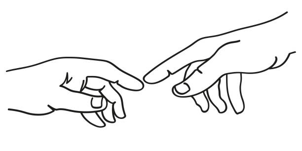 Concept of creation symbolized by a black line drawing of Michelangelo's hands entering into connection. vector art illustration