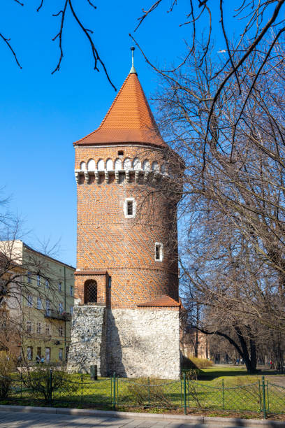Haberdasher Tower, gothic medieval fortification, Old town, Kraków, (UNESCO), Poland stock photo