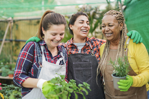 Multiracial mature women having fun working together insdie garden greenhouse