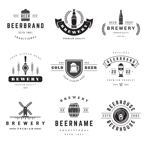 ilustraciones, imágenes clip art, dibujos animados e iconos de stock de conjunto de logotipos vectoriales de pub premium de la marca de cerveza. - mug beer barley wheat