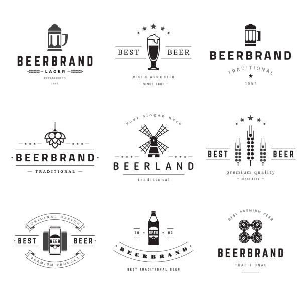 ilustraciones, imágenes clip art, dibujos animados e iconos de stock de conjunto de logotipos vectoriales de pub premium de bebidas de cerveza. - mug beer barley wheat