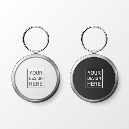 Vector 3d Realistic Blank White, Black Round Keychain with Ring and Chain for Key Set Isolated. Button Badge with Ring. Paper, Plastic, Metal ID Badge with Chains Key Holder, Design Template, Mockup.