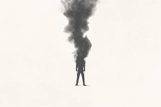 ilustrace člověka mizejícího v tmavém černém kouři, surrealistický emocionální koncept - vztek hněv stock ilustrace
