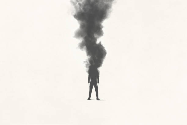 ilustraciones, imágenes clip art, dibujos animados e iconos de stock de ilustración del hombre desapareciendo en un humo negro oscuro, concepto emocional surrealista - surreal