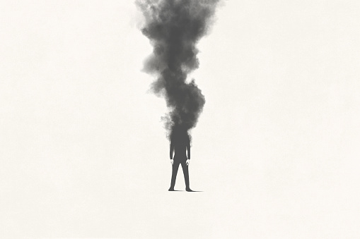 Illustration of man vanishing in a dark black smoke, surreal emotional anger concept