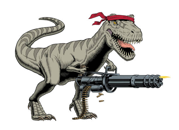 Tyrannosaurus soldier with heavy machine gun. Vector illustration. Tyrannosaurus soldier with heavy machine gun isolated on white background. Comic book style vector illustration. machine gun stock illustrations