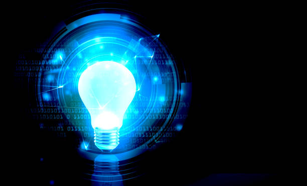 istock Abstract light bulb stand on top for the futuristic digital virtual interface background 1388600376