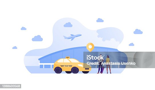 istock Tourism, travel and taxi service concept. Vector flat people illustration. Tourist group of man and african woman with baggage waiting transfer car on airport terminal background. 1388600568