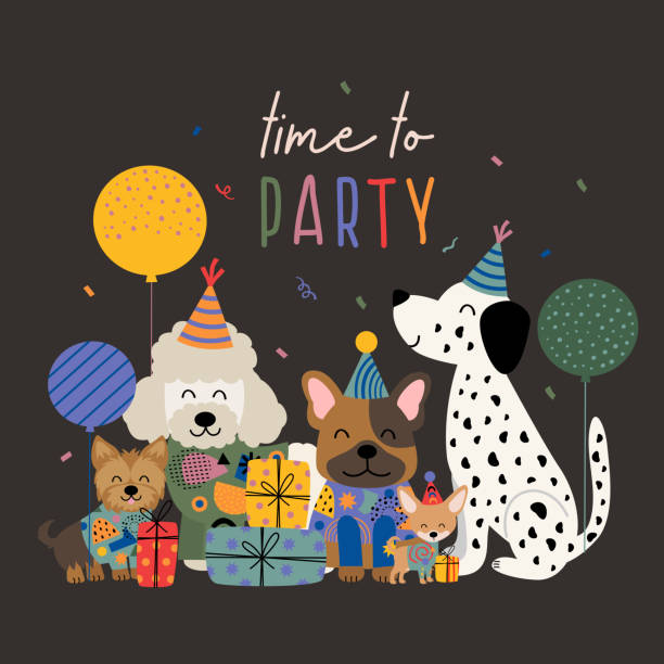 birthday card with funny dogs and gifts vector art illustration