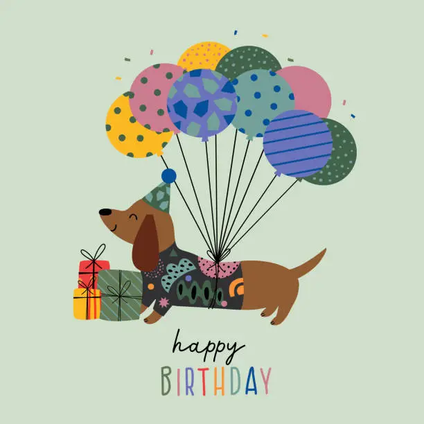 Vector illustration of birthday card with funny dachshund and gifts