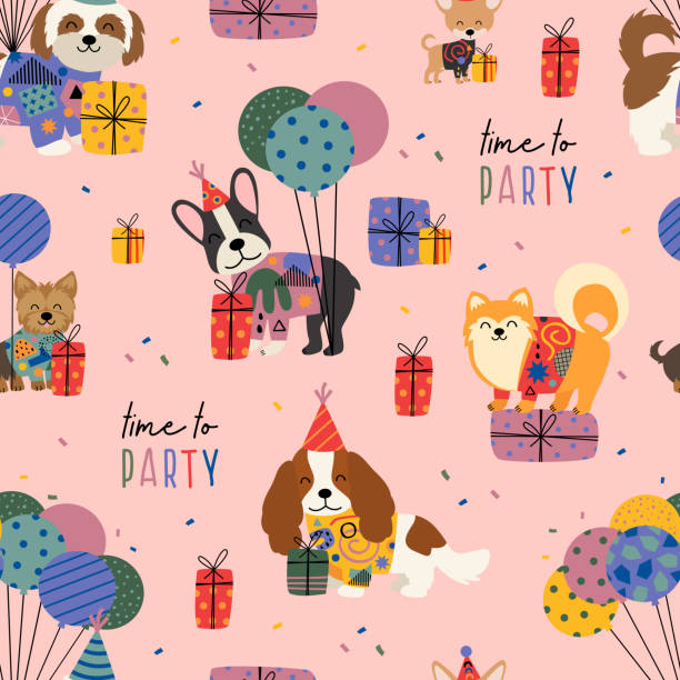 ilustrações, clipart, desenhos animados e ícones de padrão de aniversário sem emenda com cães bonitos e presentes - shih tzu cute animal canine