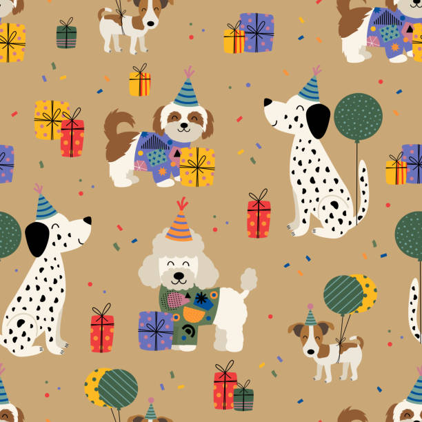 birthday seamless pattern with  fun dogs and gifts vector art illustration