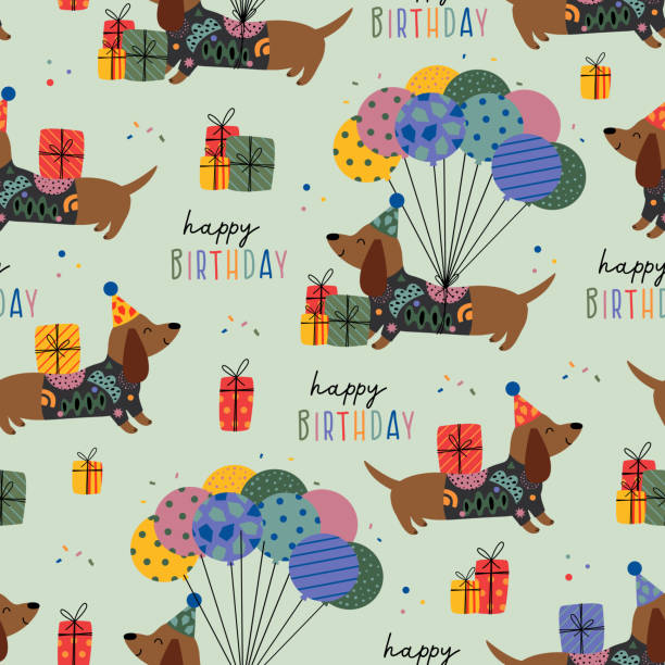 birthday seamless pattern with funny dachshund and gifts vector art illustration