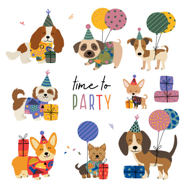 set of isolated cute  dogs for birthday vector art illustration