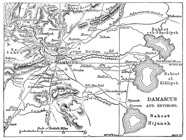 karte von damaskus aus dem 19. jahrhundert - syria map cartography damascus stock-grafiken, -clipart, -cartoons und -symbole