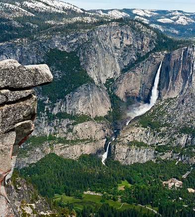 Yosemite falls from Glacier Point. Yosemite National Park, California; Sierra Nevada Mountains. Upper and Lower Yosemite Falls.