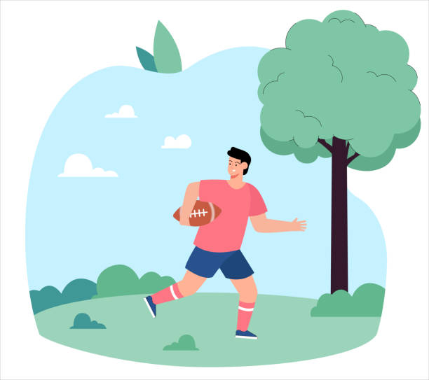 ilustrações de stock, clip art, desenhos animados e ícones de young boy running through field with rugby ball - rugby cartoon team sport rugby field
