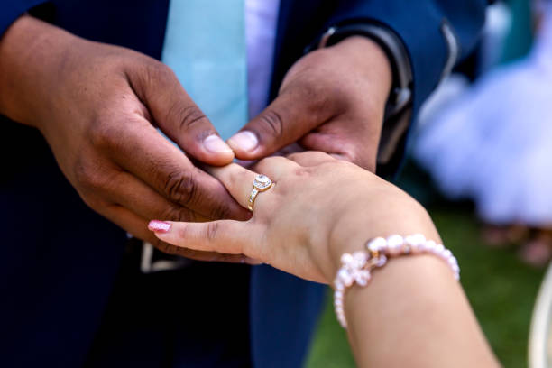 istock Groom putting ring on bride`s finger 1388607267