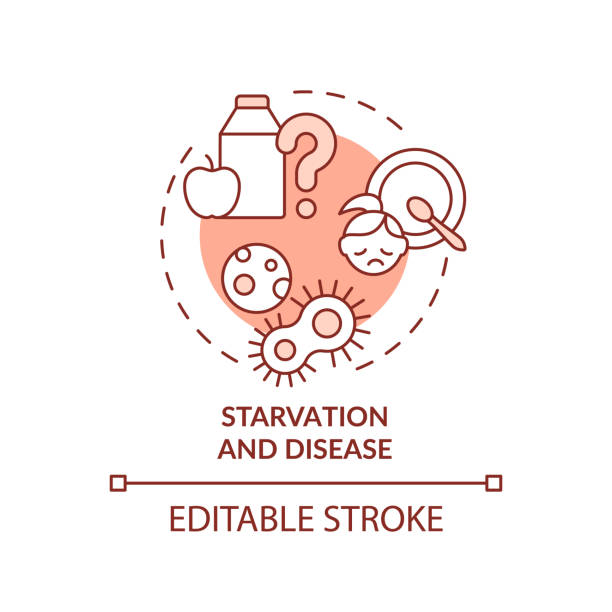 Starvation and disease terracotta concept icon Starvation and disease terracotta concept icon. Armed conflicts outcome abstract idea thin line illustration. Isolated outline drawing. Editable stroke. Arial, Myriad Pro-Bold fonts used malnourished stock illustrations