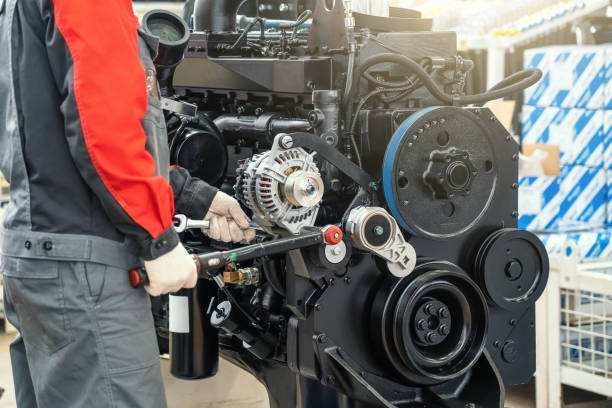istock Worker in factory assembles large industrial engine for agricultural machine tractor or combine 1388609116