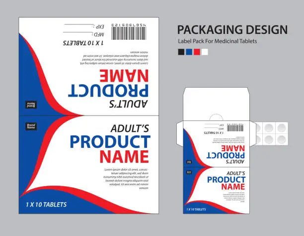 Vector illustration of Label pack for medicinal tablets,  label medicine paper design, medicine packaging design, healthcare product design. product label, realistic mock-up. wave background concept. vector illustration