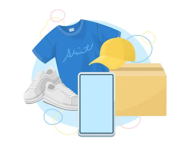 Vector illustration of Fashion mobile services. Men's clothing. Online shopping illustrations. Blank LCD screen.