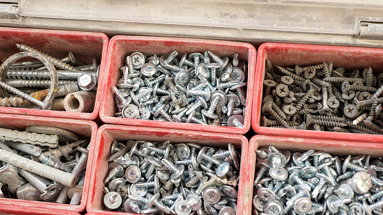 Fastener Container Bolts Pegs And Screws In A Plastic Container Stock Photo - Download ...