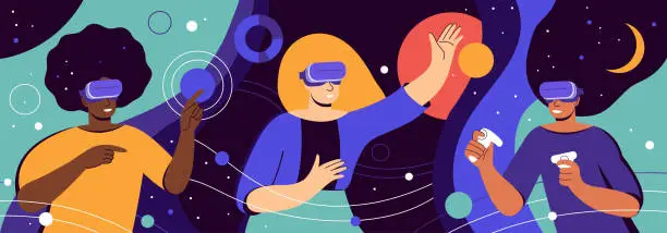 Vector illustration of Metaverse digital virtual reality. Multicultural women's team working in VR headset and futuristic glasses. Outer space, planets and stars. Break The Science Bias. Colorful flat vector illustration