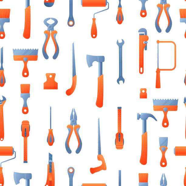 ilustrações de stock, clip art, desenhos animados e ícones de vector seamless pattern with repair working tools. cartoon hardware tools texture background. vector illustration equipment for home repair, renovation, building and construction. hand work tools. - home decorating nail screw spanner