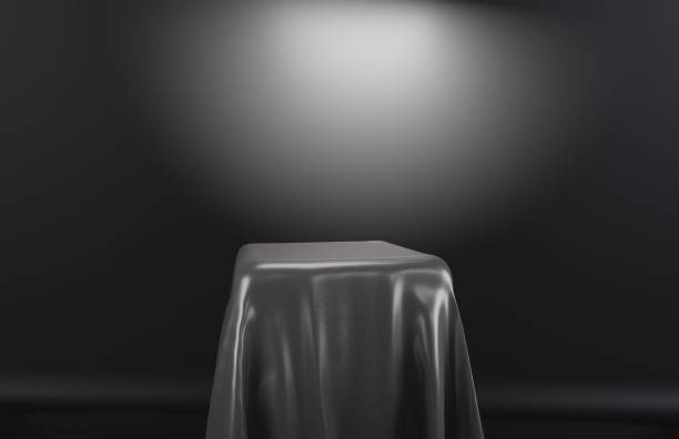 istock Minimal Luxury Fabric Or Cloth Stage Podium Dimmed Background Dark Grey Colors Presentation Background Exhibition Concept 3D Render 1388612942