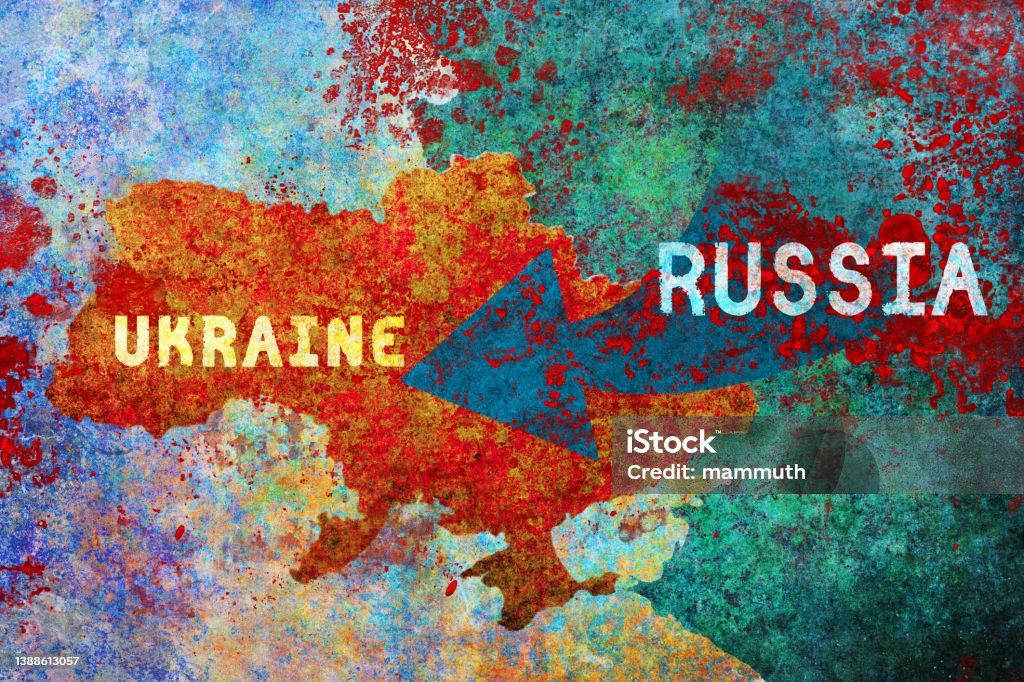 Russian military invasion of Ukraine Map of Ukraine and Russia with an arrow symbol 2022 Russian Invasion of Ukraine Stock Photo