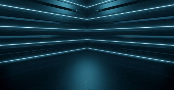 istock Futuristic Science Fiction Show Stage Track Path Entrance Gate Underground Garage Hall Tunnel Corridor Spotlight Deep Blue Green Banner Background Wallpaper For Showroom Studio Montage 3D Illustration 1388613063