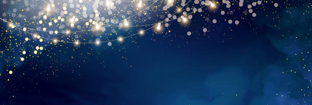 Magic night dark blue banner with sparkling glitter bokeh and line art Magic night dark blue banner with sparkling glitter bokeh and line art. Horizontal line vector wedding backdrop. Gold confetti and navy background. Golden scattered dust.Fairytale magic star template blue light background stock illustrations