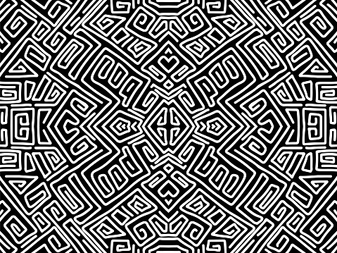 Abstract background. Black and white ethnic texture. Aztec maya wallpaper. Vector tribal background with seamless pattern swatch for web design, fabric or printed products.